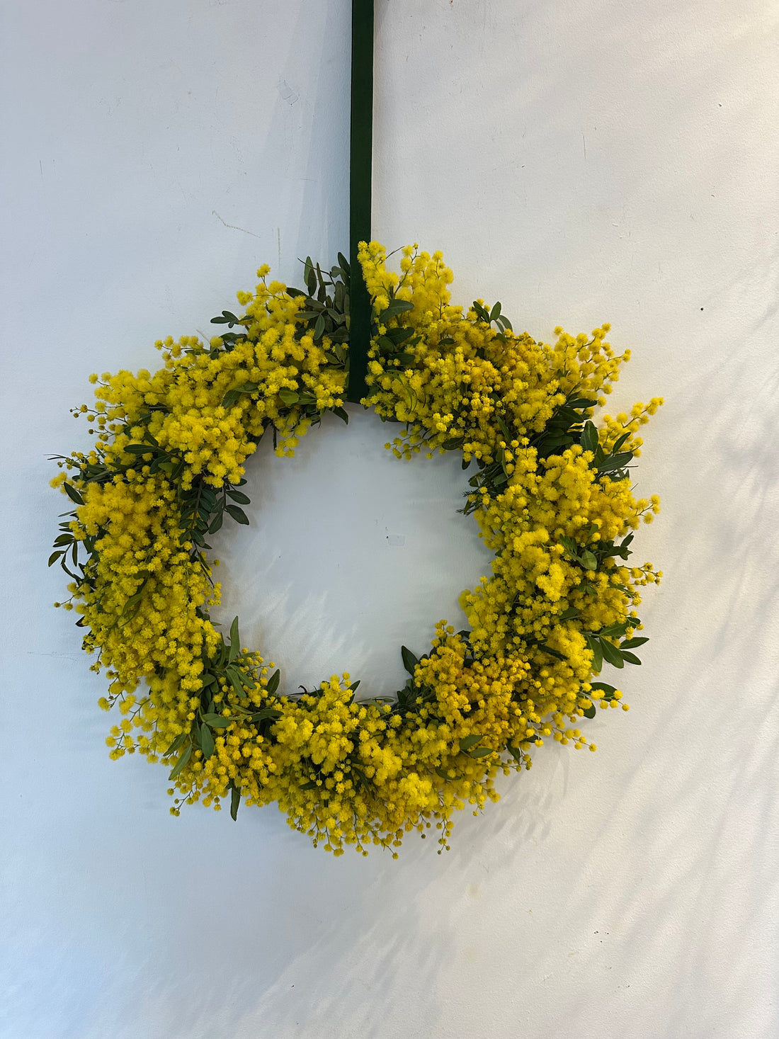 Corona de mimosa natural sobre fondo neutro, mostrando detalles de mimosa amarilla y limonium.